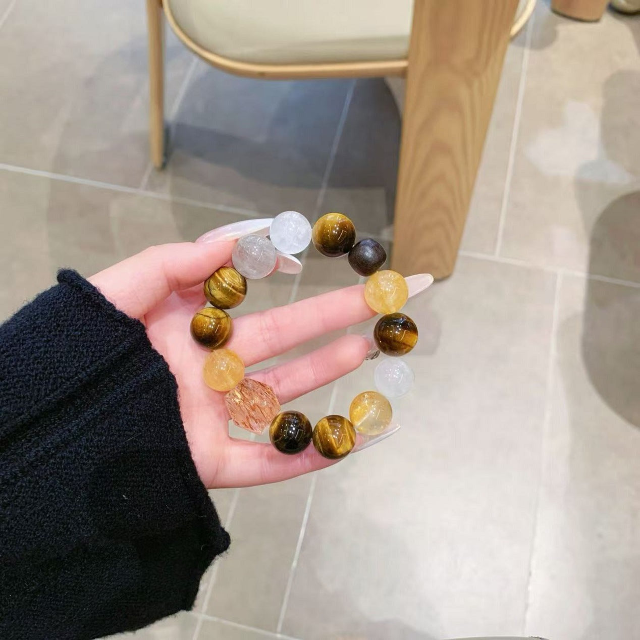 Natural Multi-Gem Bracelet White Phantom Horse Hoof Conch Yellow Tiger Eye Stone Yellow Agate Yellow Tiger Eye Stone Large Lacquer Bead Cream Style