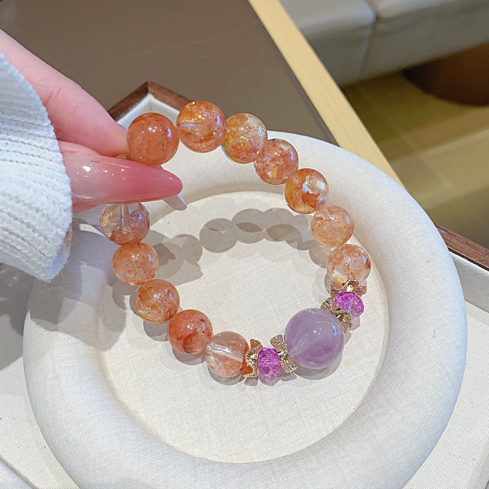 Red Gum Flower Crystal Beaded Bracelet Hand Jewelry Light Luxury Niche Exquisite Wealth-Attracting Bracelet Elegant Internet Celebrity Crystal Bracelet