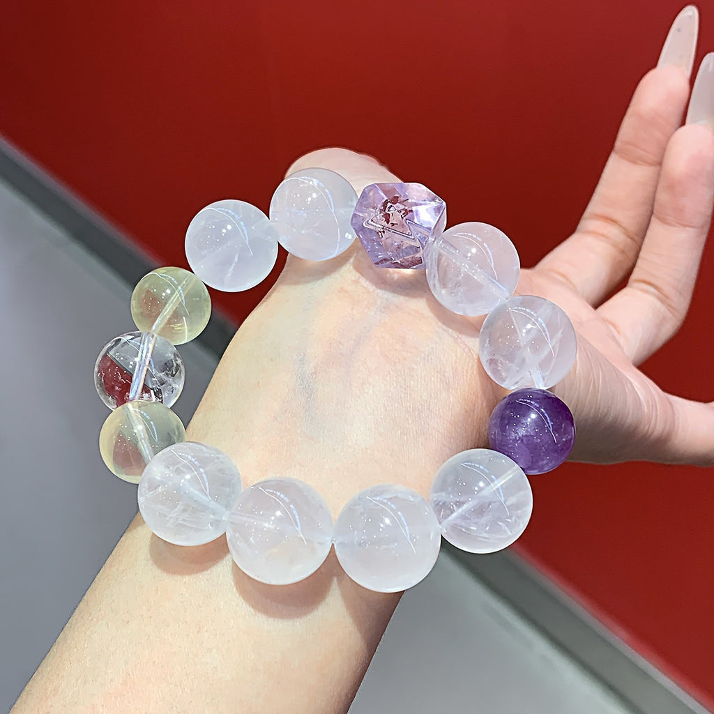 Natural Amethyst with Lemon Quartz White Phantom Crystal Bracelet Original Design Large Beads Crystal Bracelet