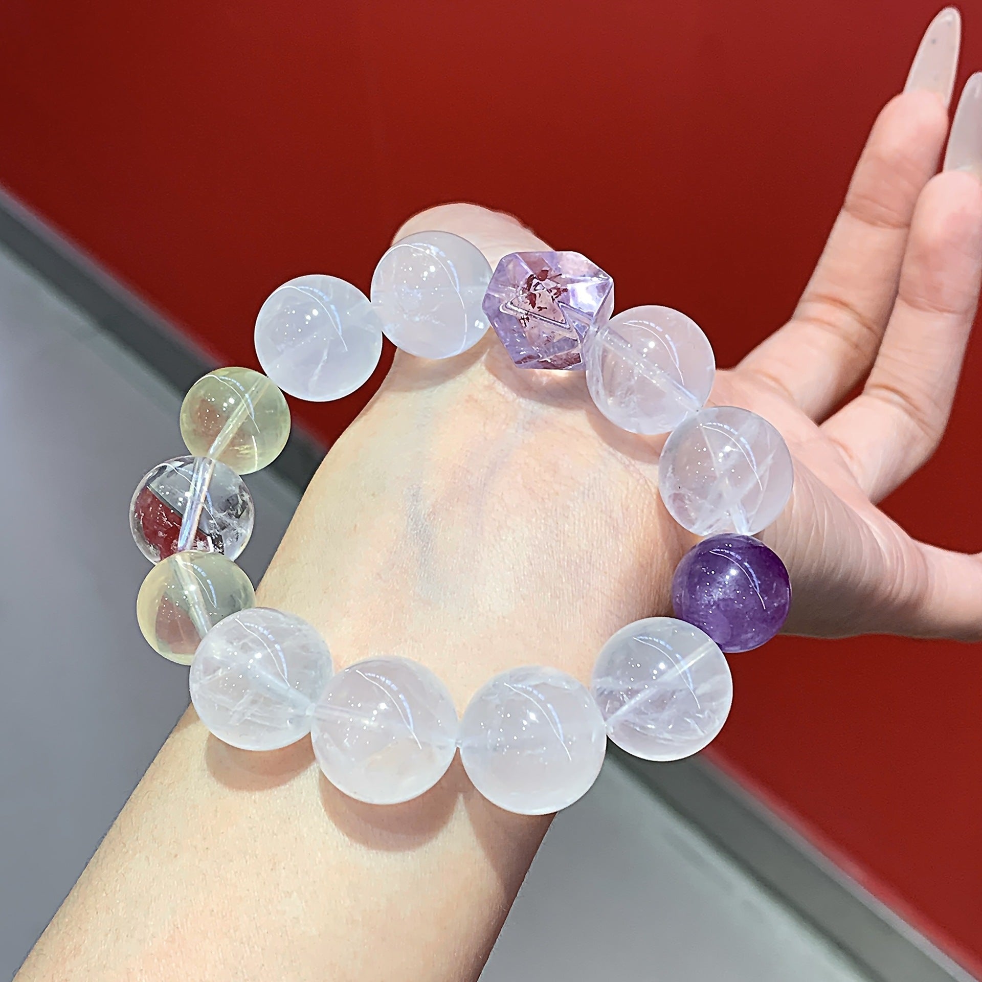 Natural Amethyst with Lemon Quartz White Phantom Crystal Bracelet Original Design Large Beads Crystal Bracelet