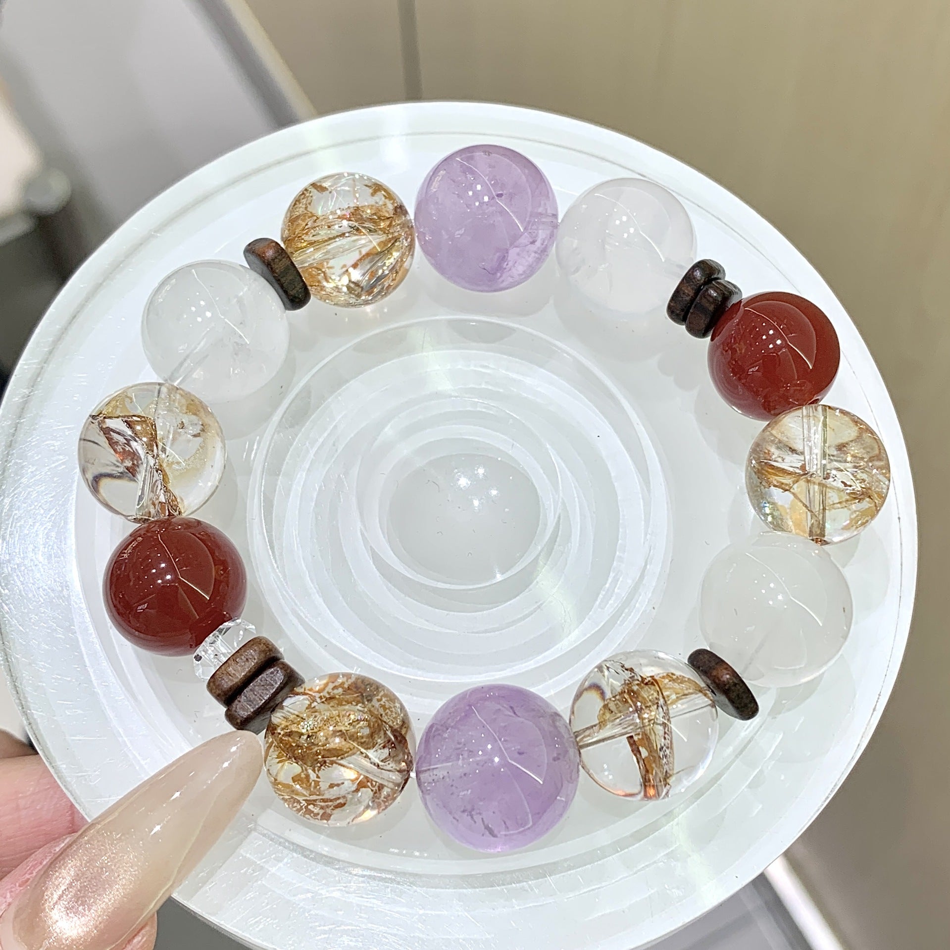 Natural Amethyst Bracelet White Ghost Premium Bracelet for Women, Rose Design, Wealth Attraction and Luck Improvement Gold Foil Glue Flower Crystal String