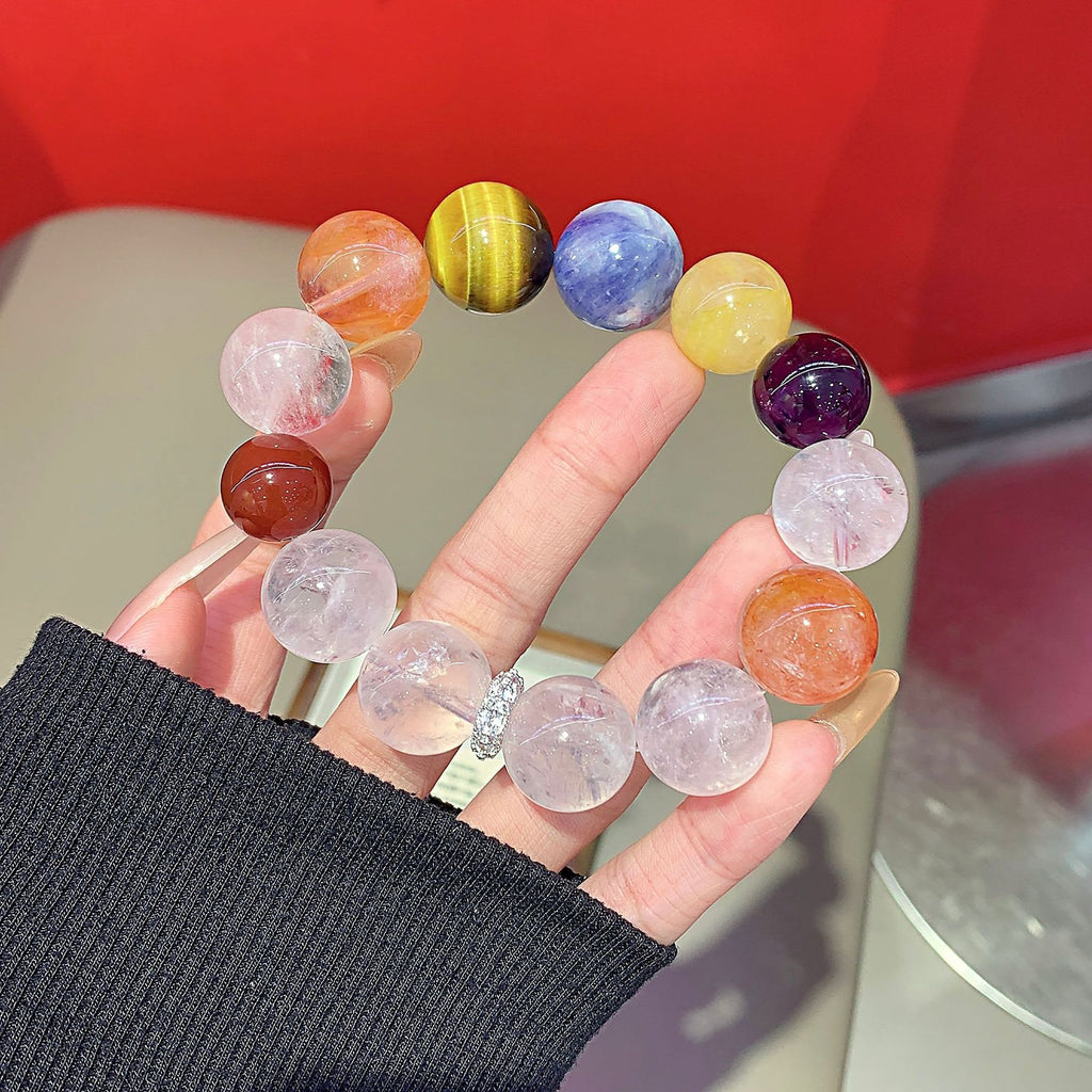 Natural Multi-Gemstone Crystal Bracelet Women's Large Yellow Tiger Eye Yellow Gum Flower White Acai Light Luxury Bracelet Crystal Beads