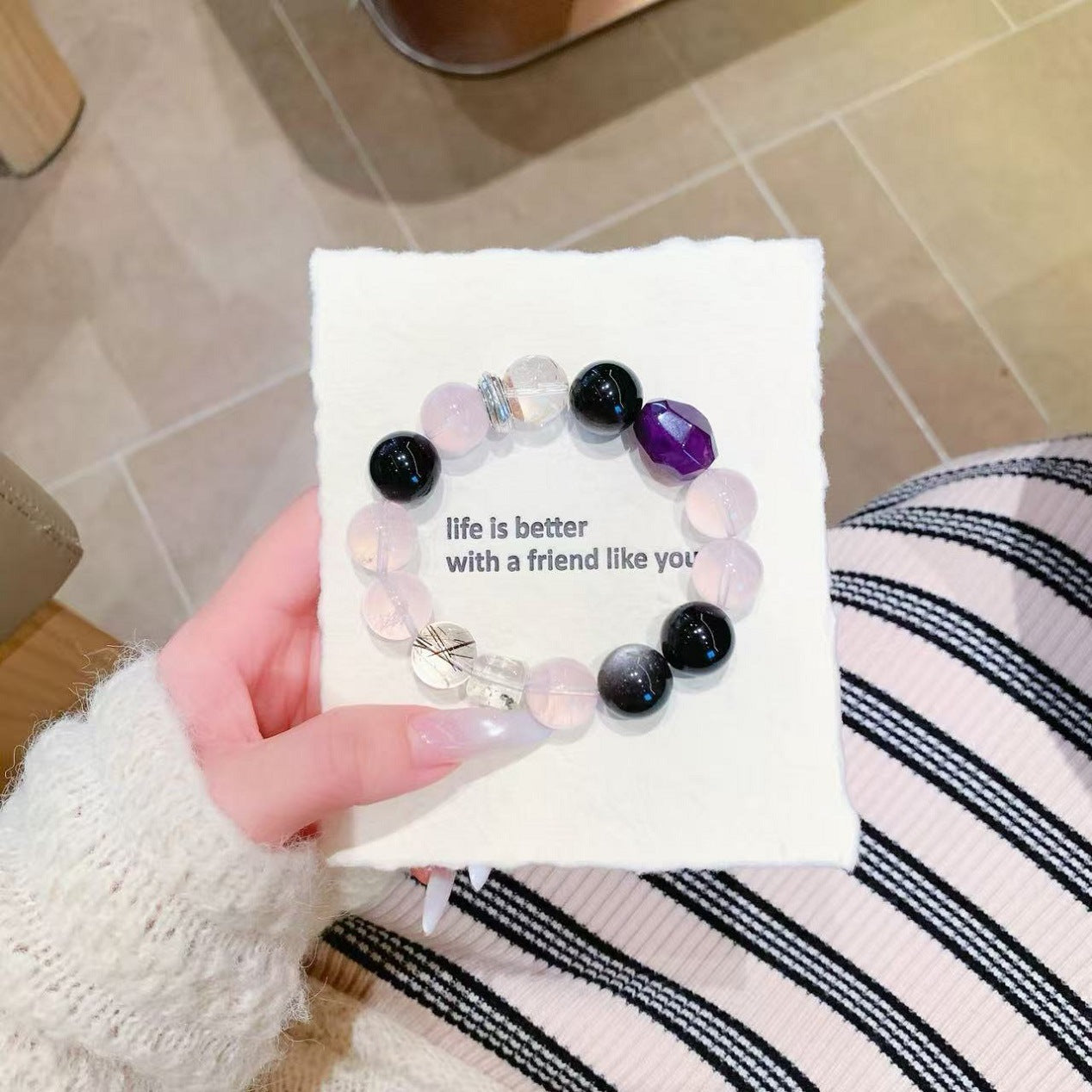 Natural Crystal Bracelet Original Design Pink Crystal with Obsidian Freeform Amethyst Crystal Bracelet