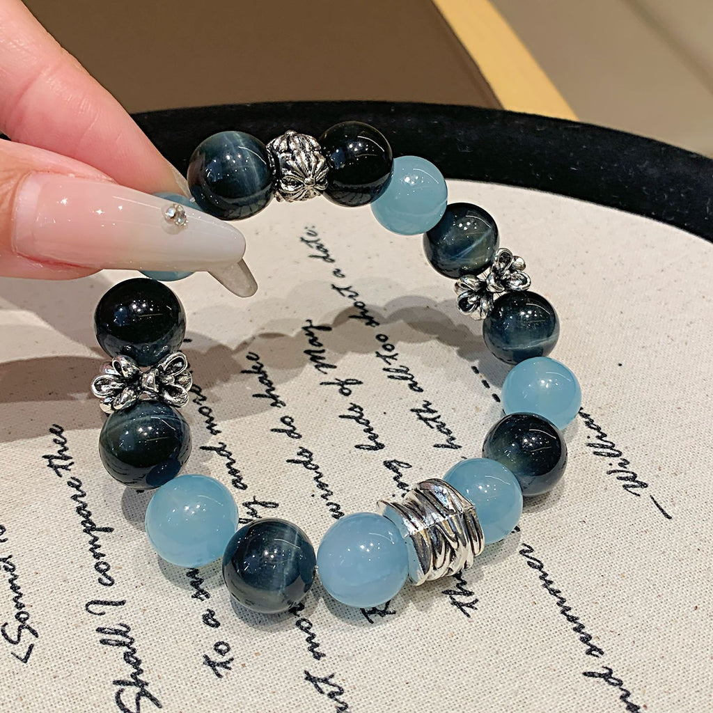 Junyu High-End Cool Style Natural Aquamarine Bracelet Blue Tiger Eye Bracelet Niche Design Aquamarine Bracelet