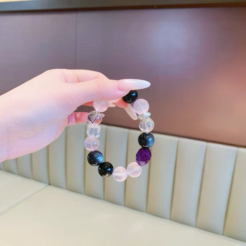 Natural Crystal Bracelet Original Design Pink Crystal with Obsidian Freeform Amethyst Crystal Bracelet
