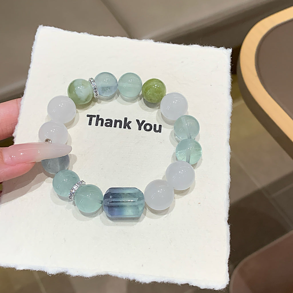 Natural Crystal Bracelet Original Design White Phantom Crystal with Xiuyan Jade Green Fluorite Natural Crystal Bracelet