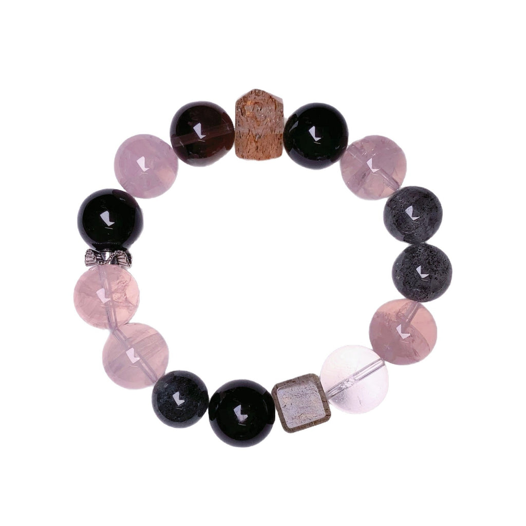Natural Silver Obsidian Pink Crystal Couple Bracelet for Stable Relationships, Fortune Transfer, Lion Awakening Beaded Design, White Crystal Bracelet