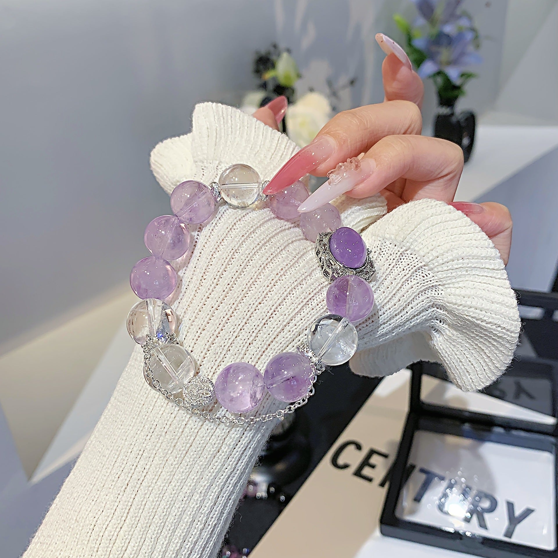Natural lavender amethyst bracelet White Crystal Matching High-End Luxury Crystal Large Bead Bracelet Jewelry