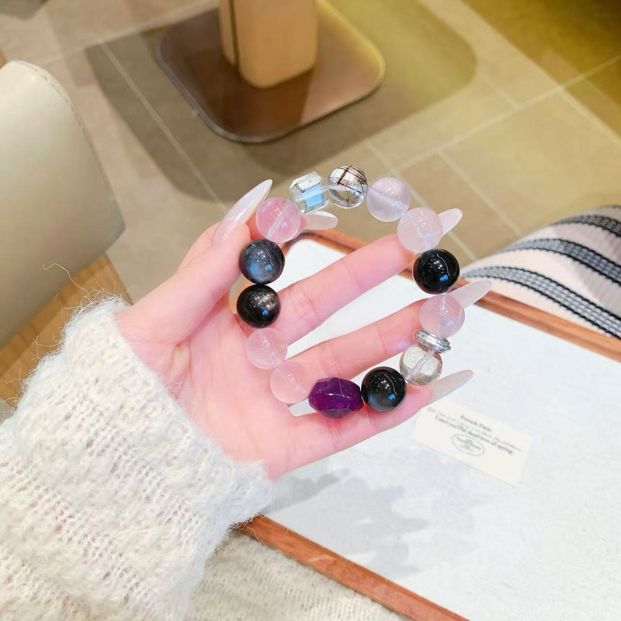 Natural Crystal Bracelet Original Design Pink Crystal with Obsidian Freeform Amethyst Crystal Bracelet