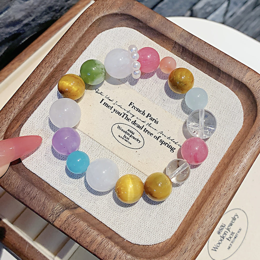 Rainbow Multi-Gemstone Crystal Bracelet Yellow Tiger Eye Natural Raw Stone Dopamine Bracelet for Women Original Design Crystal Bracelet