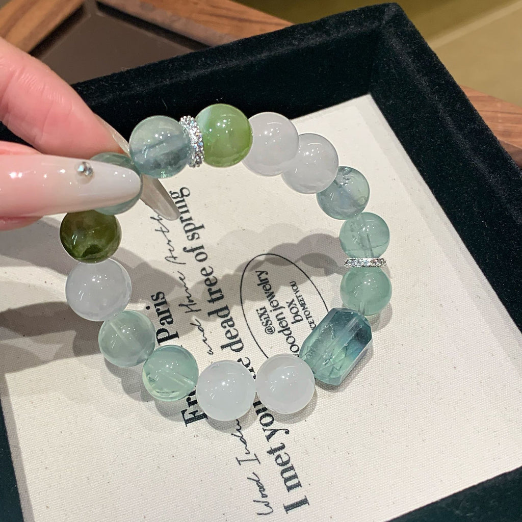 Natural Crystal Bracelet Original Design White Phantom Crystal with Xiuyan Jade Green Fluorite Natural Crystal Bracelet