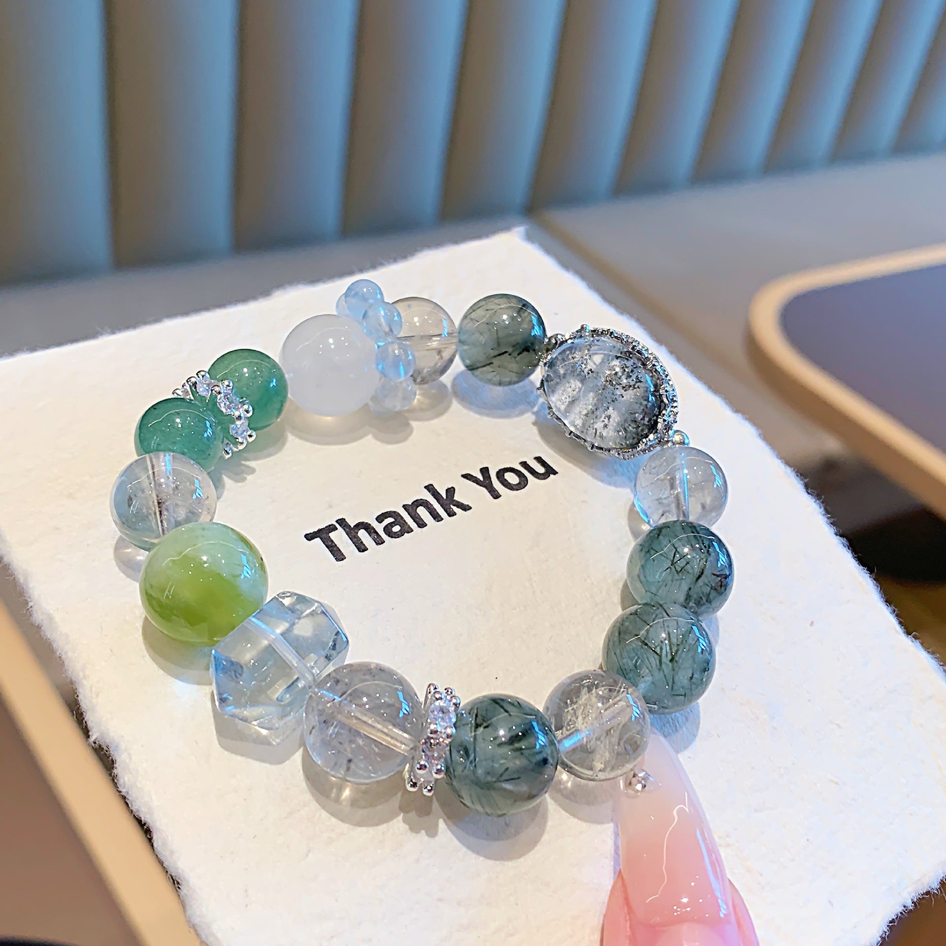 Natural Green Rutilated Quartz Bracelet Black Gold Ultra White Ghost White Crystal Freeform Design Model Tourmaline Green Hair Crystal Bracelet