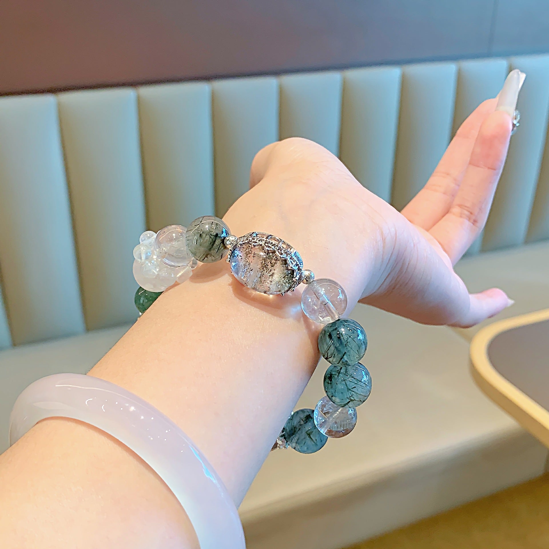 Natural Green Rutilated Quartz Bracelet Black Gold Ultra White Ghost White Crystal Freeform Design Model Tourmaline Green Hair Crystal Bracelet