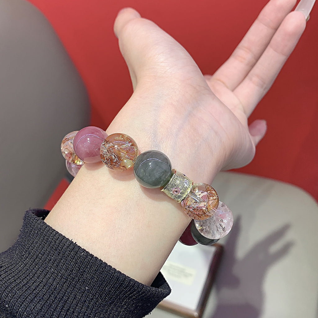 Natural Original Five Elements Crystal Round Bead Bracelet Crystal Transparent Multi-Gemstone Crystal Bracelet Gold Foil Explosion Bracelet