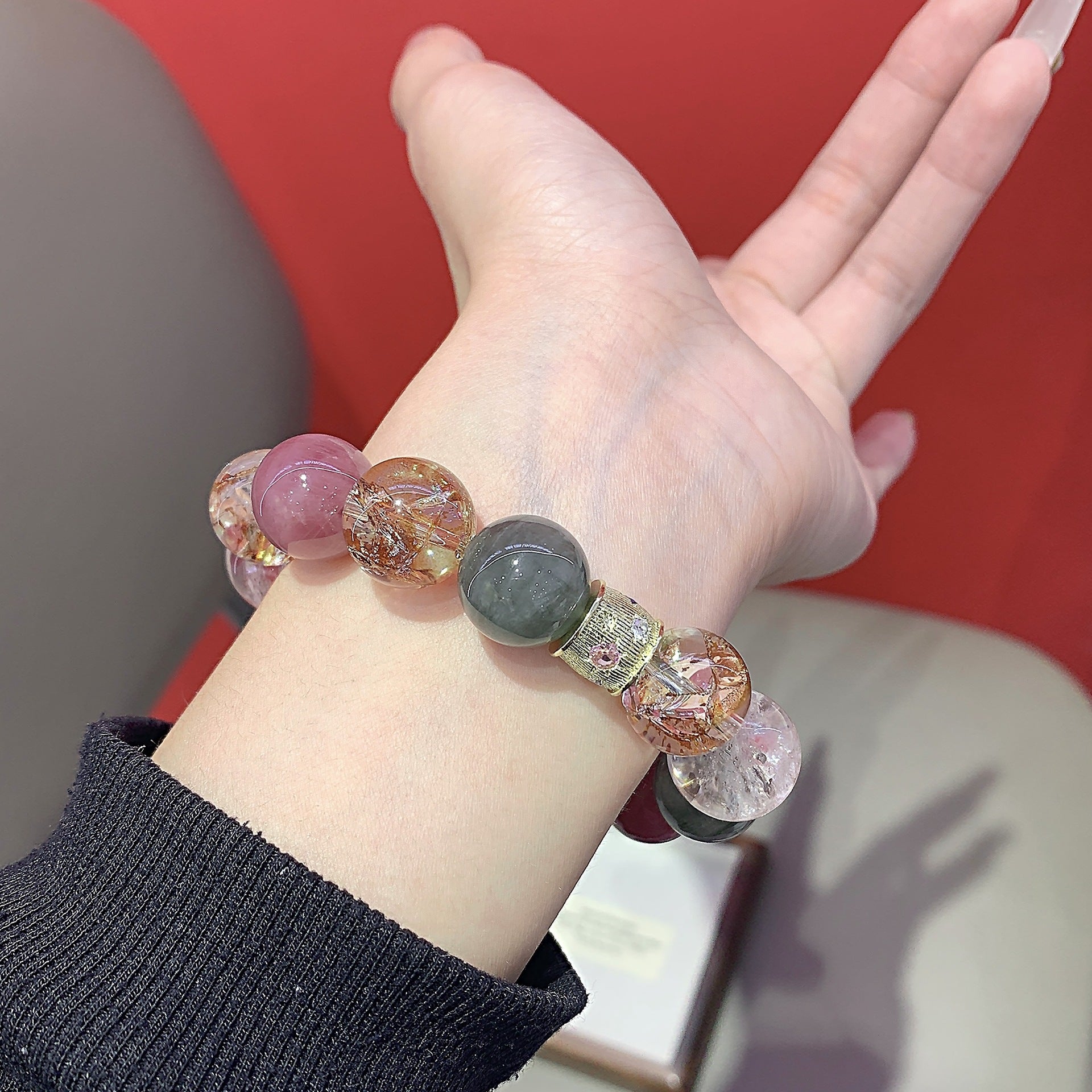 Natural Original Five Elements Crystal Round Bead Bracelet Crystal Transparent Multi-Gemstone Crystal Bracelet Gold Foil Explosion Bracelet