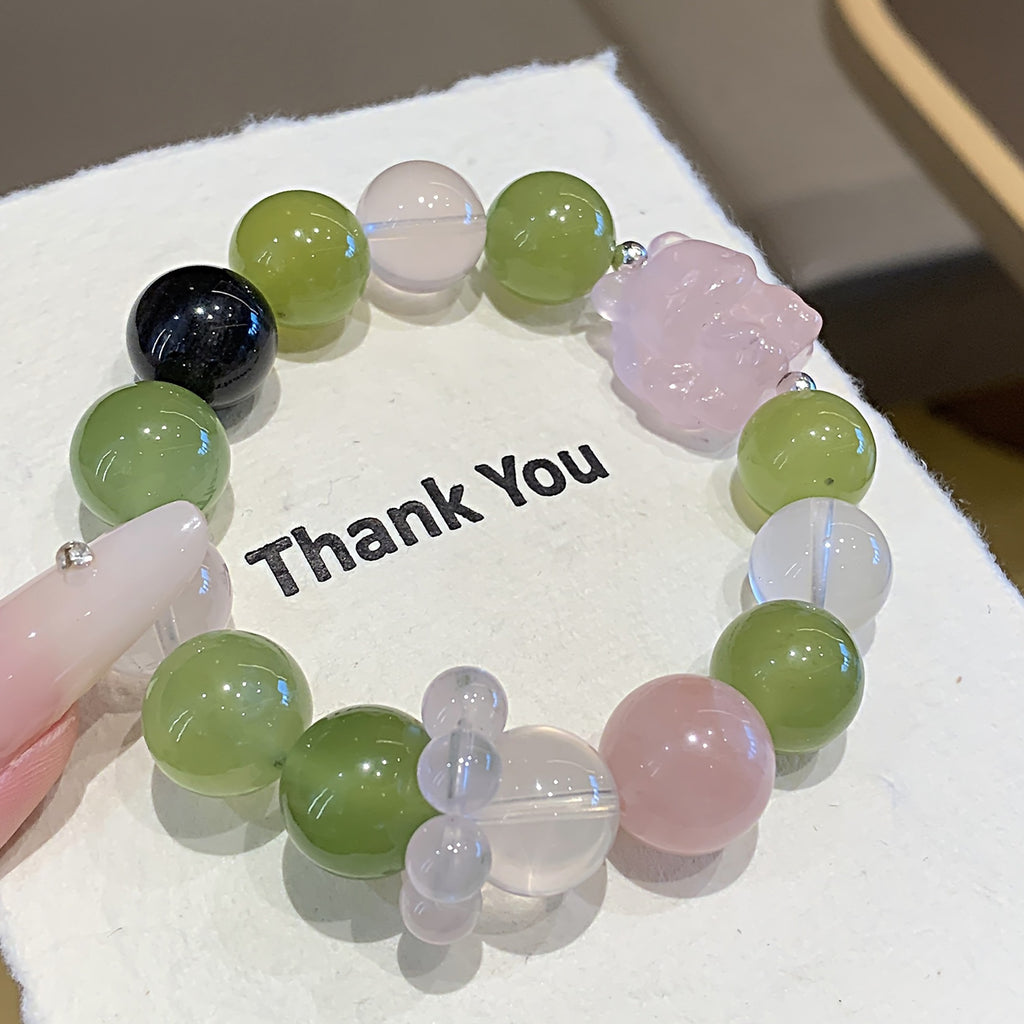 Natural Xiuyan Jade Jewelry Crystal Bracelet Fortune-Attracting Wealth Peach Blossom Lucky Bead Bracelet Gift for Women Rose Quartz Bracelet