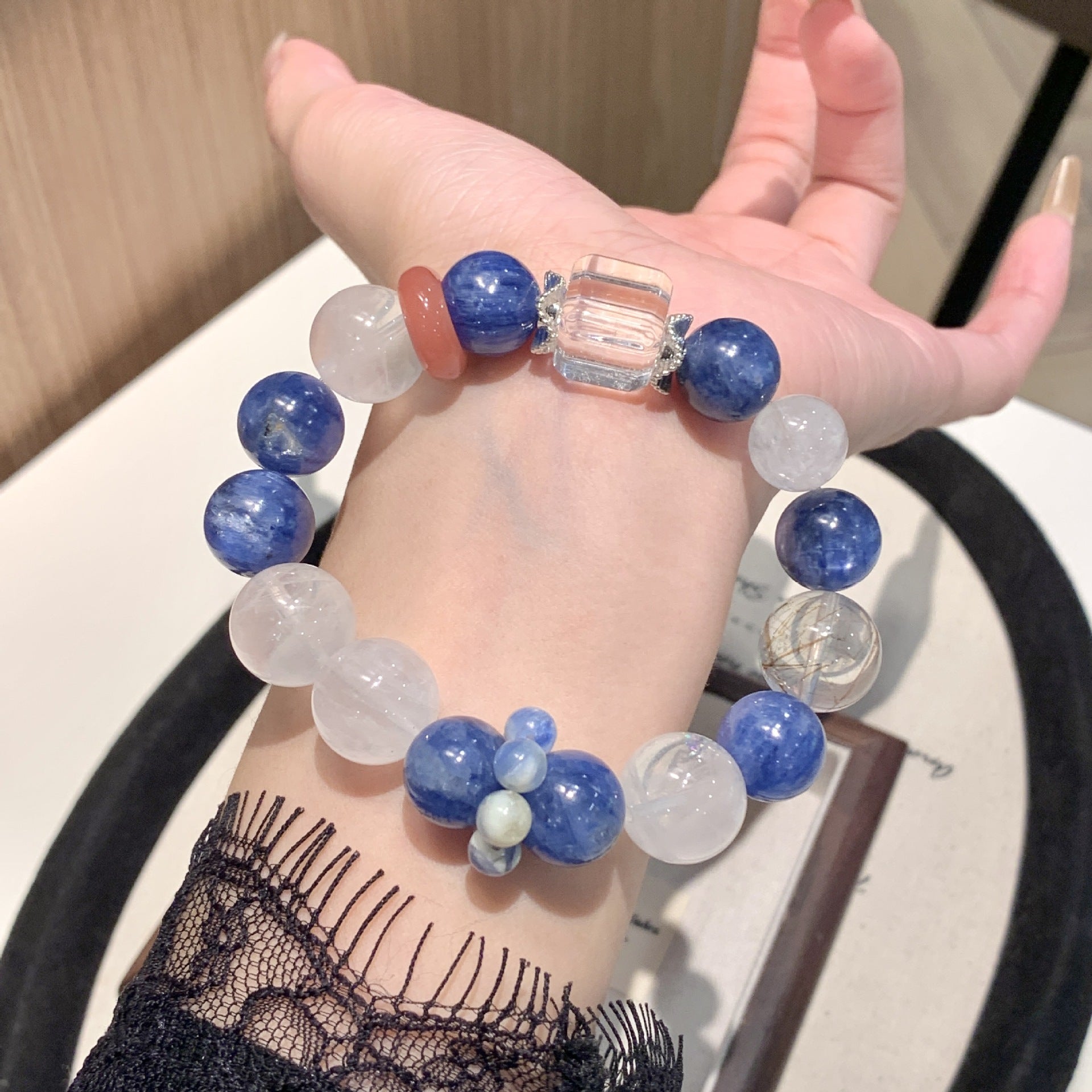 Natural Crystal Bracelet White Phantom with Blue Crystal Niche Original Design Crystal Strand Xiaohongshu Same Style Bracelet
