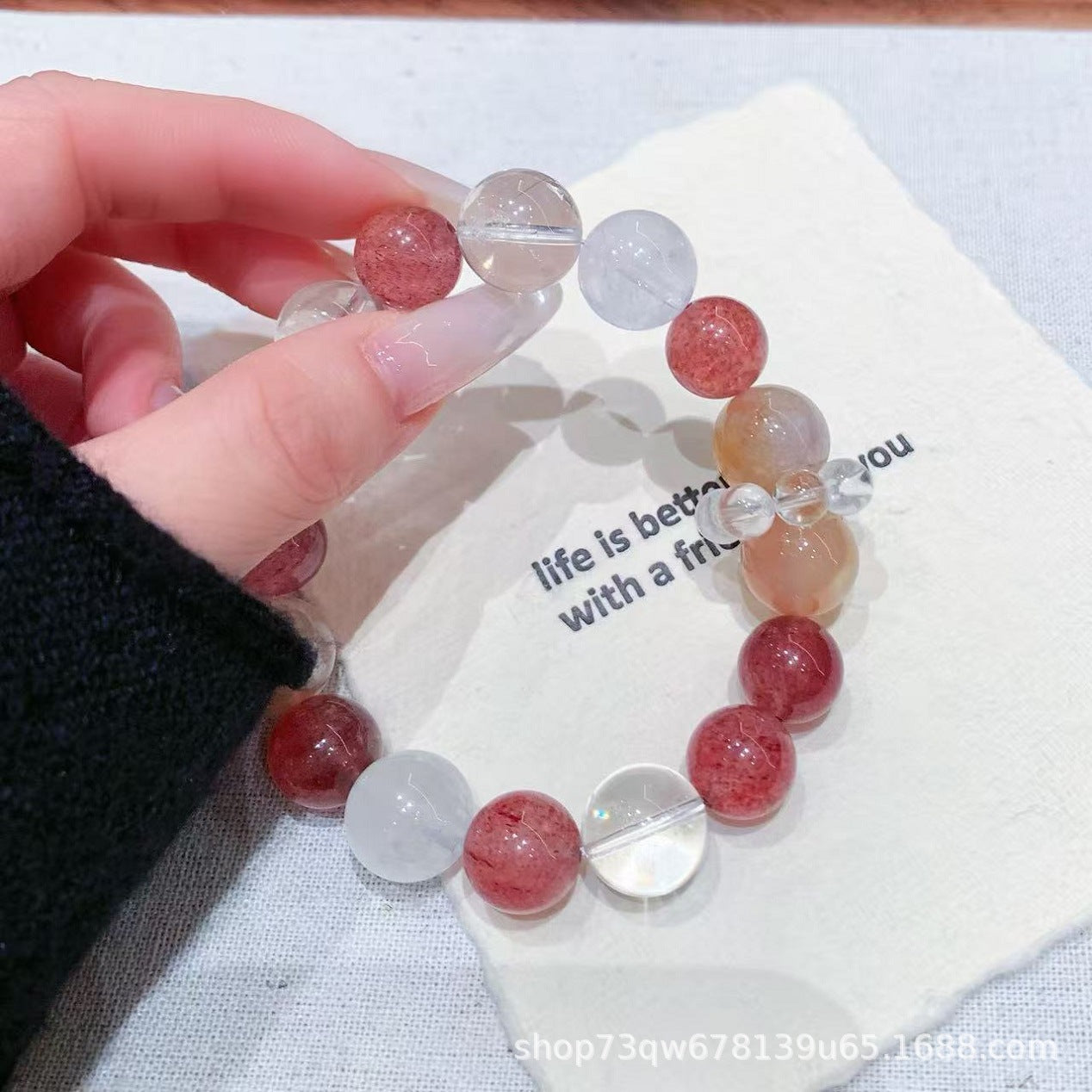 Mengzi Yi Same Style Crystal Bracelet Natural White Crystal and Cherry Blossom Agate Matching Hot-Selling Bracelet Crystal Bracelet