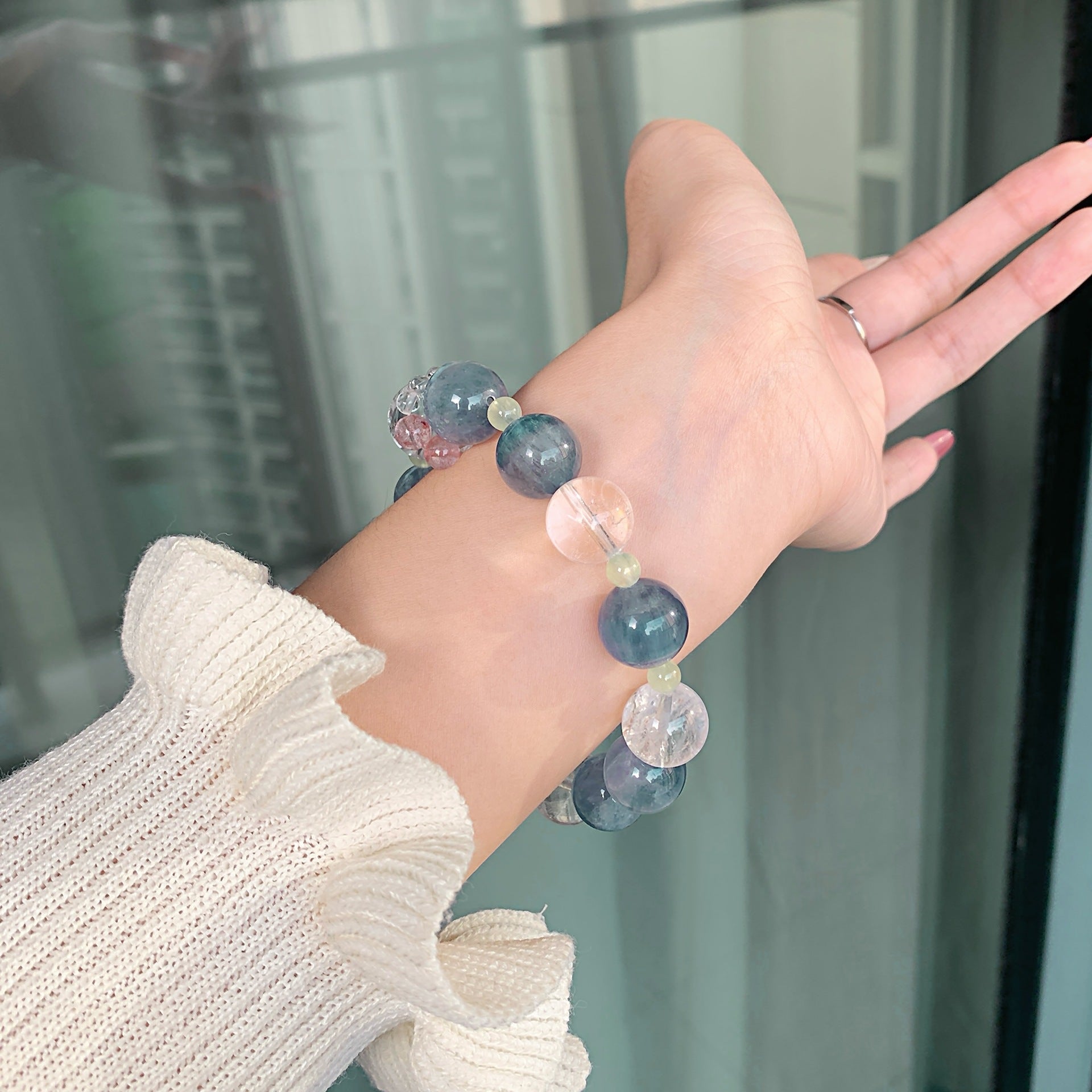 2025Autumn New Multi-Gem Bracelet Pure Body White Crystal Blue Green Crystal Beaded Bracelet for Women Blue-green Crystal Strand