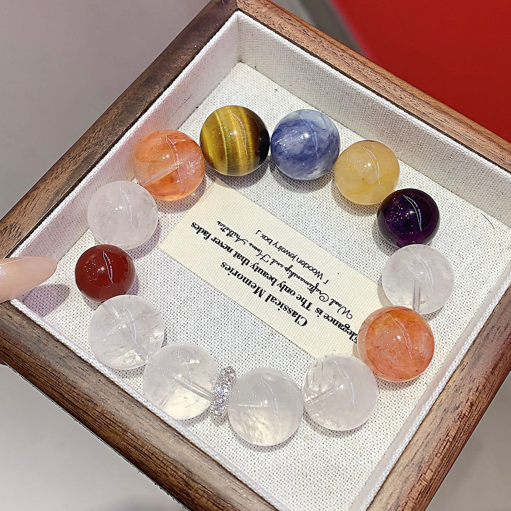 Natural Multi-Gemstone Crystal Bracelet Women's Large Yellow Tiger Eye Yellow Gum Flower White Acai Light Luxury Bracelet Crystal Beads