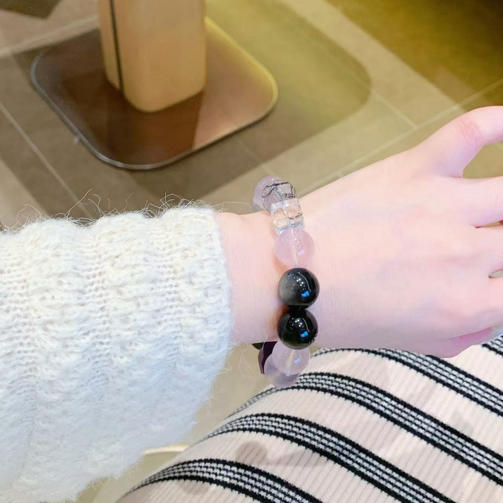 Natural Crystal Bracelet Original Design Pink Crystal with Obsidian Freeform Amethyst Crystal Bracelet