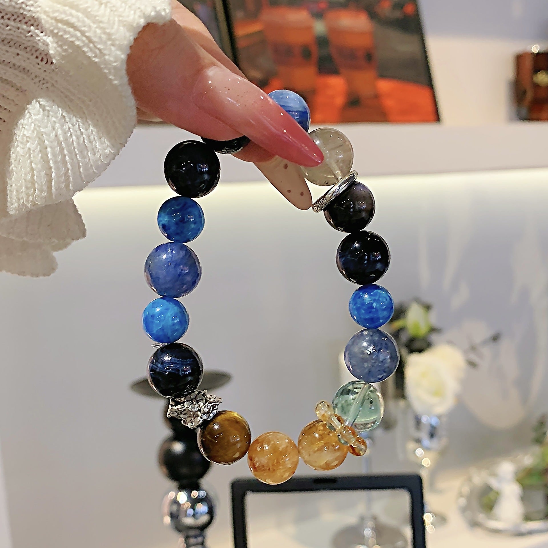 Natural Silver Obsidian Crystal Bracelet Women's Blue Crystal Fashion Versatile Elegant Bracelet Crystal Hand Jewelry Night Market Stall